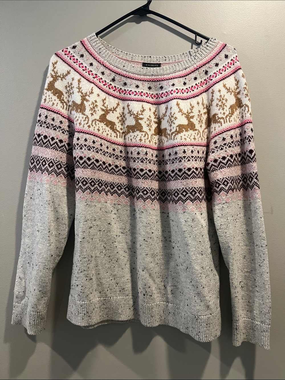 Talbots Cream Fair Isle Crewneck Sweater with Pink and Brown Accents